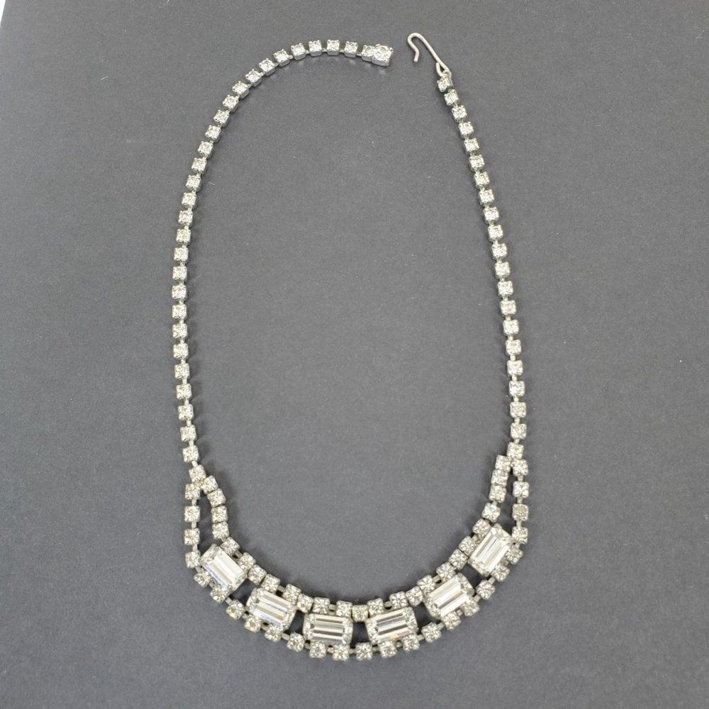 Vintage Icy Clear Rhinestone Round Baguette MCM Glam Silver Tone Collar Necklace